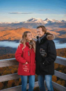 Man och en kvinna med jacka där man kan få sin egen logga