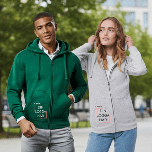 Man och kvinna med Zip hoodies med tryck eller brodyr